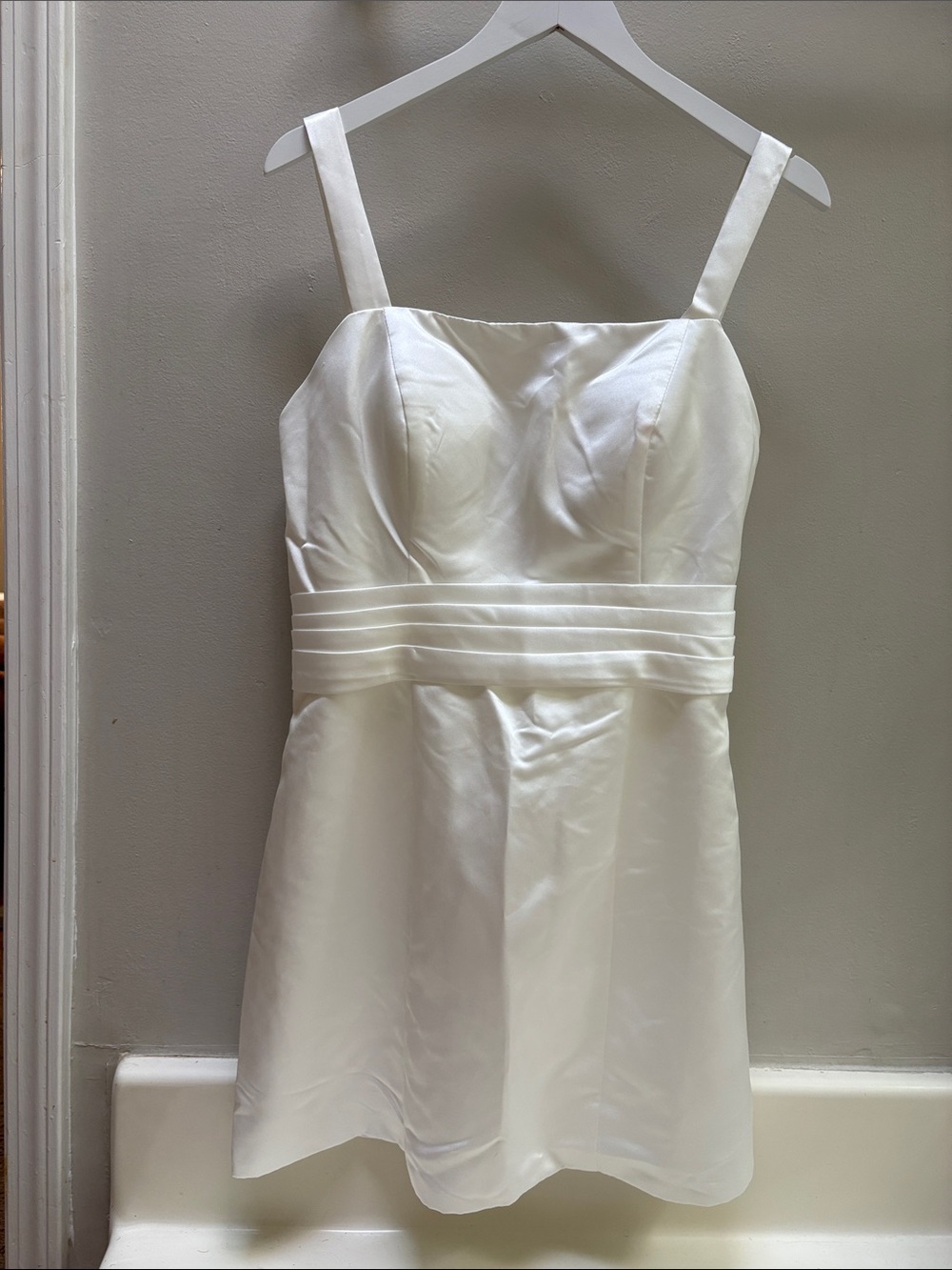 White Satin Mini Dress with Pleated Waistband